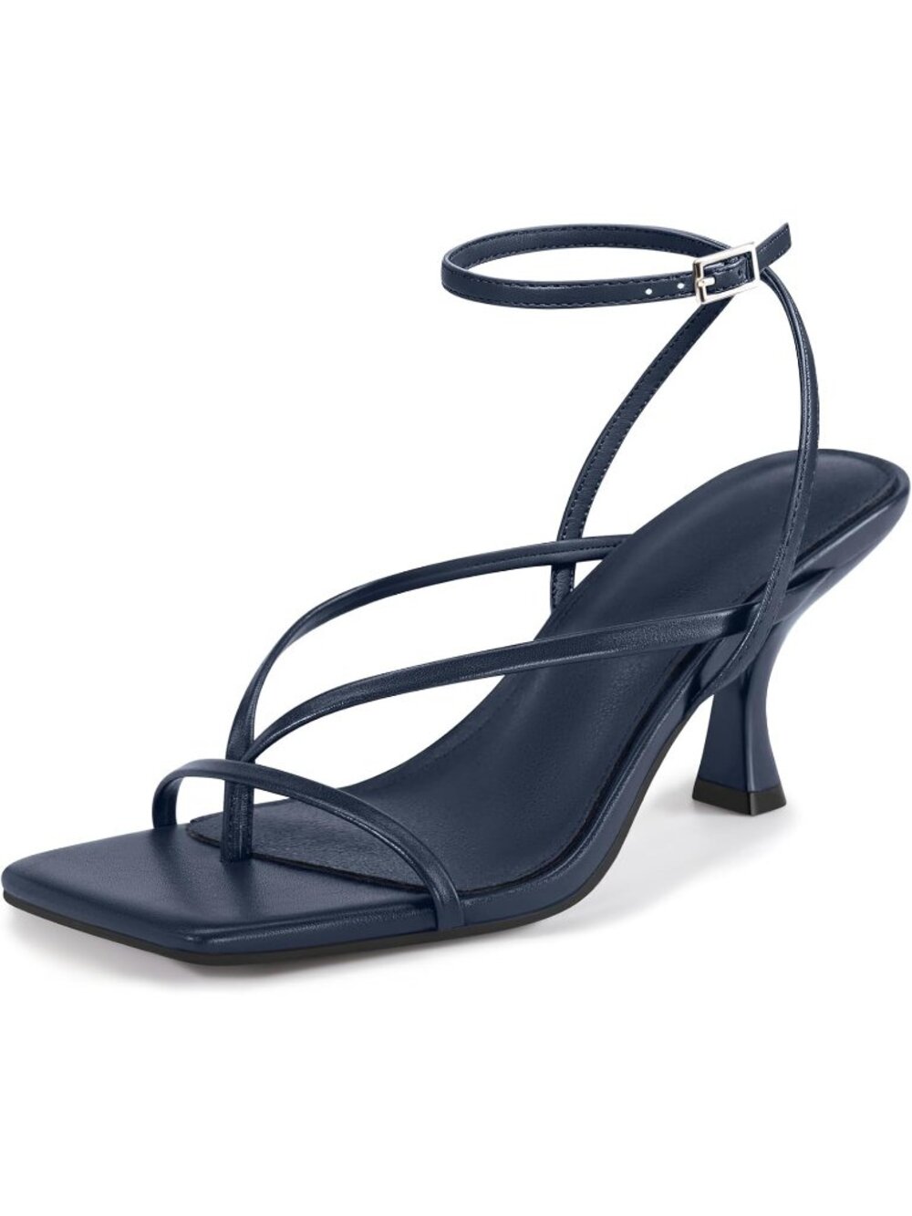Women's Navy Blue Strappy Square Toe Thong Ankle Strap High Heeled Sandals